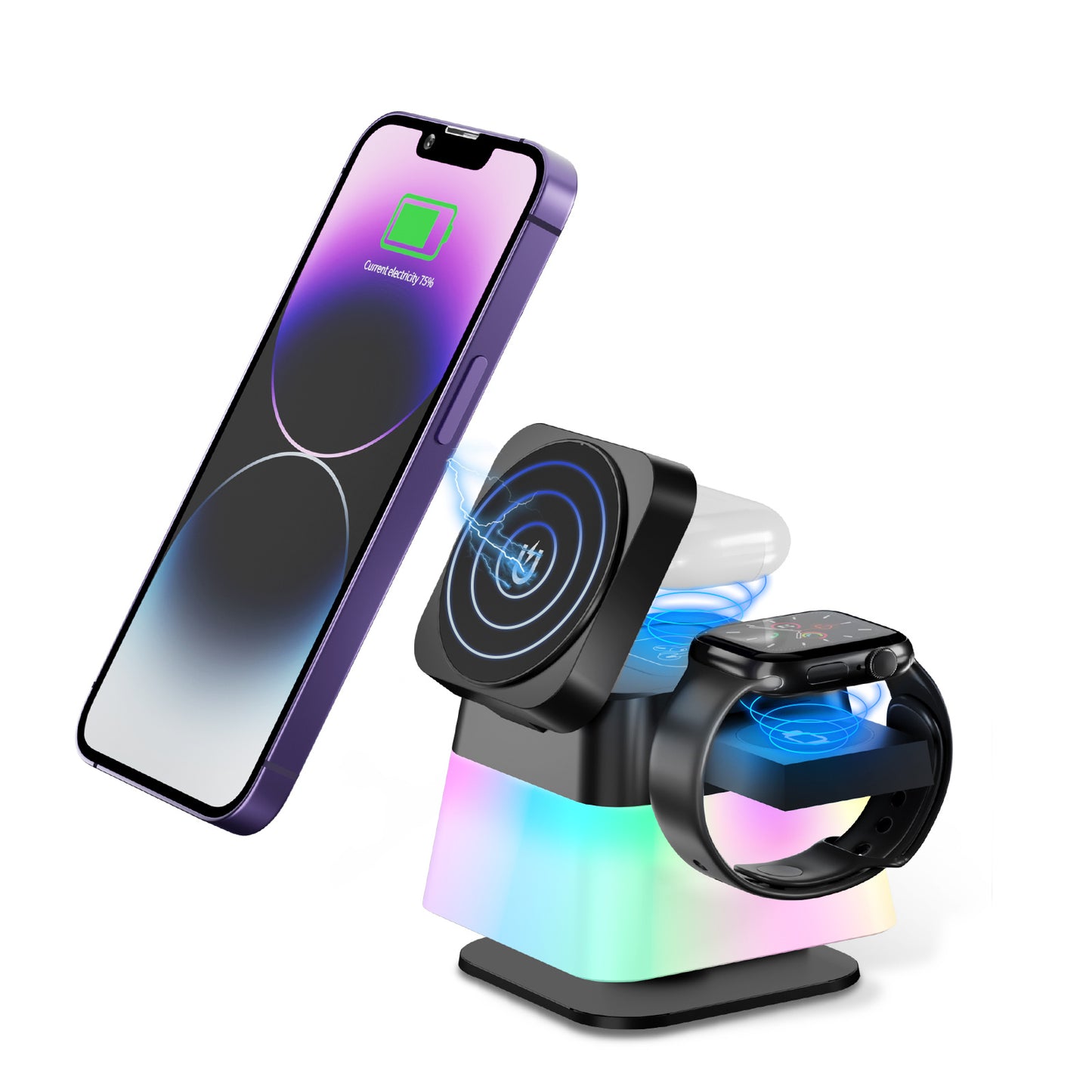 4 In 1 Rotatable Colorful Lighting Wireless Charger Stand For Phone 15 14 13 12 Pro Max 8 7 Holder Magnetic Fast Charging Station Au+hentic Sport Spot