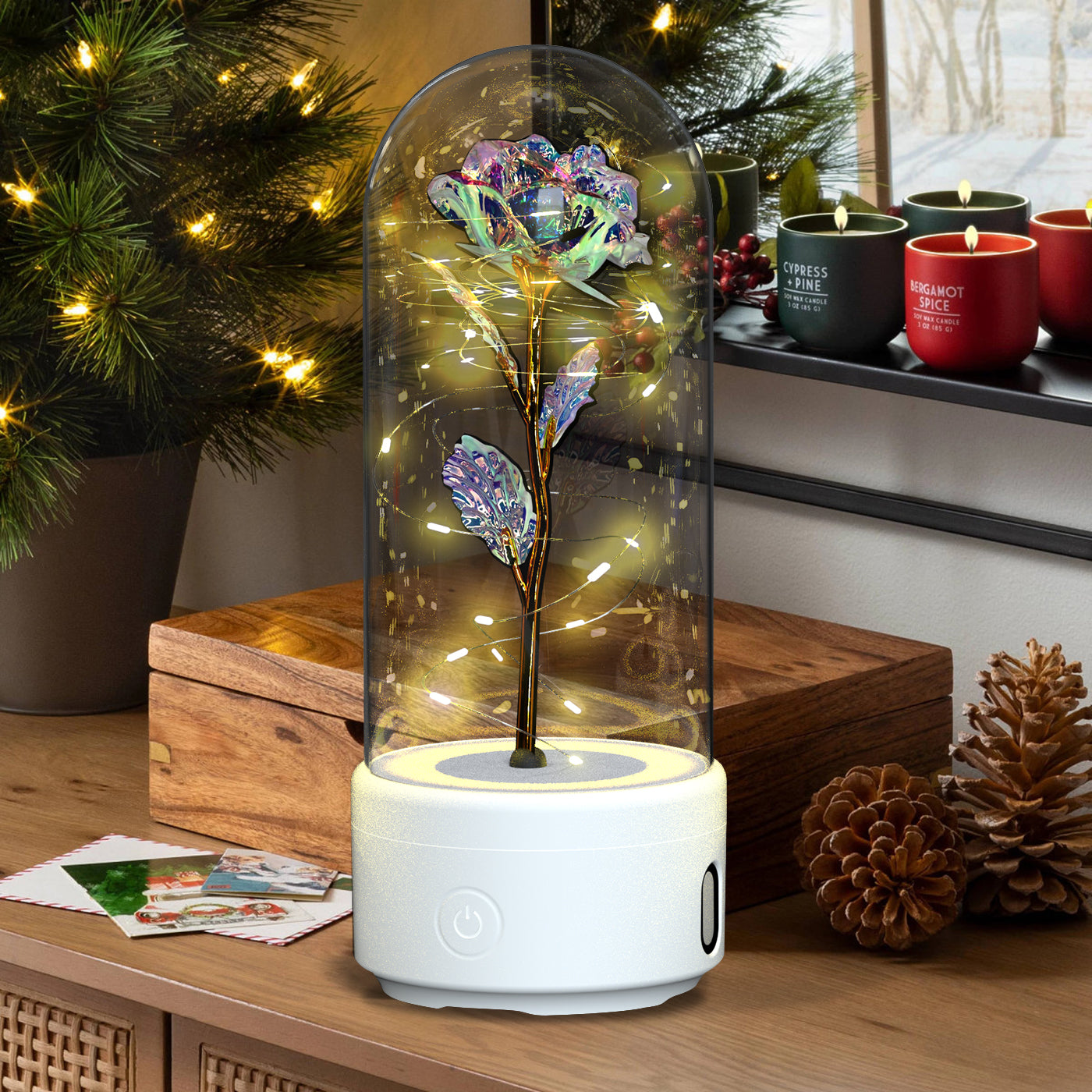 Creative 2 In 1 Rose Flowers LED Light And Bluetooth Speaker Valentine's Day Gift Rose Luminous Night Light Ornament In Glass Cover Au+hentic Sport Spot