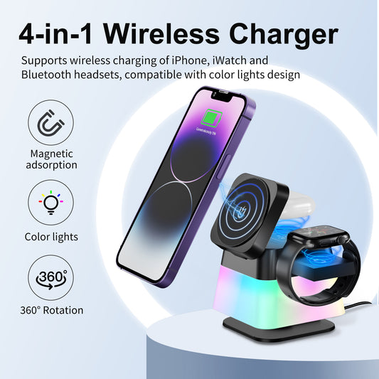 4 In 1 Rotatable Colorful Lighting Wireless Charger Stand For Phone 15 14 13 12 Pro Max 8 7 Holder Magnetic Fast Charging Station Au+hentic Sport Spot