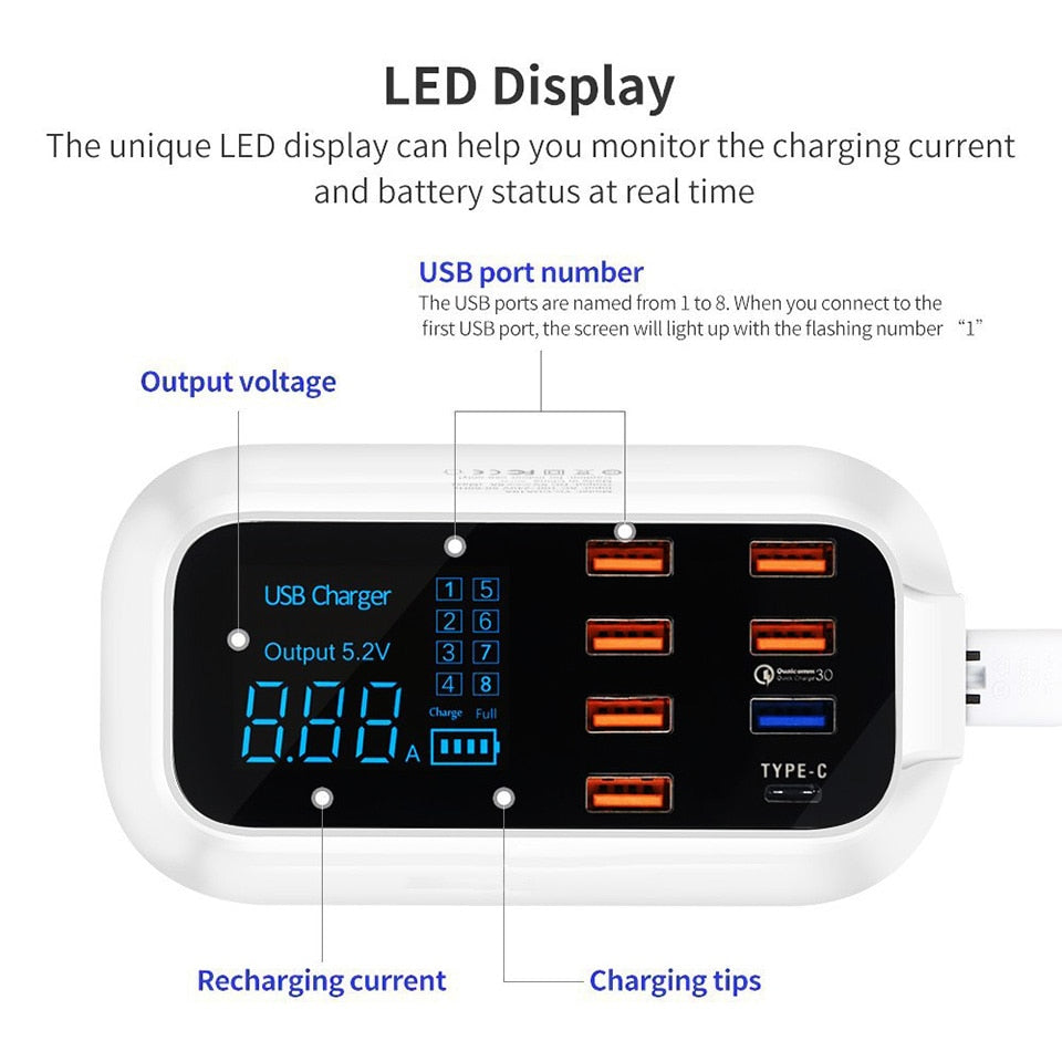 Smart USB Charging Station Quick Multifunction 8-Port LED Display Charging Station Au+hentic Sport Spot