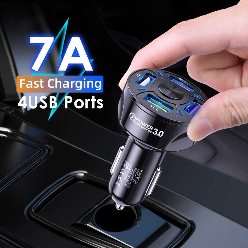 Fast Charge Car Charger LED light display and four USB ports that is compatible with the iPhone and Android Devices Charger Car Charger Au+hentic Sport Spot