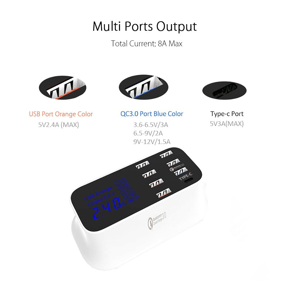 Smart USB Charging Station Quick Multifunction 8-Port LED Display Charging Station Au+hentic Sport Spot