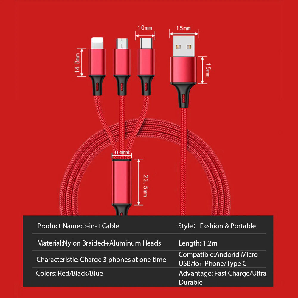 3 in 1 USB Cable 4-foot Nylon-braided Multi-Charger Cable 3 Devices with W/ Several Ports USB Charging Cord for Phones, Tablets (Charging Only) W/ Type C & Micro USB Ports USB Type C smartphone cables, Multi Use USB cable for the iPhones & other devices Au+hentic Sport Spot